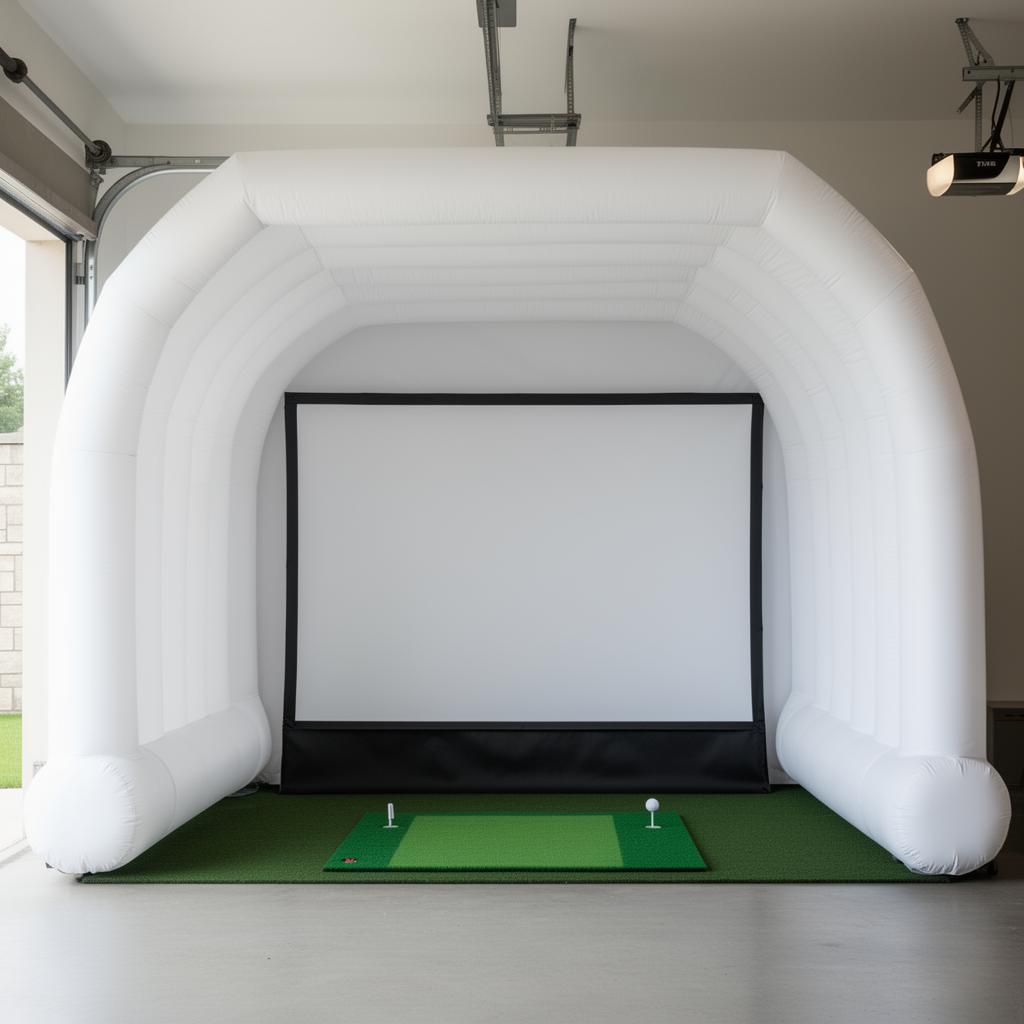 Empty HomeDrop Golf inflatable enclosure with impact screen and turf mat