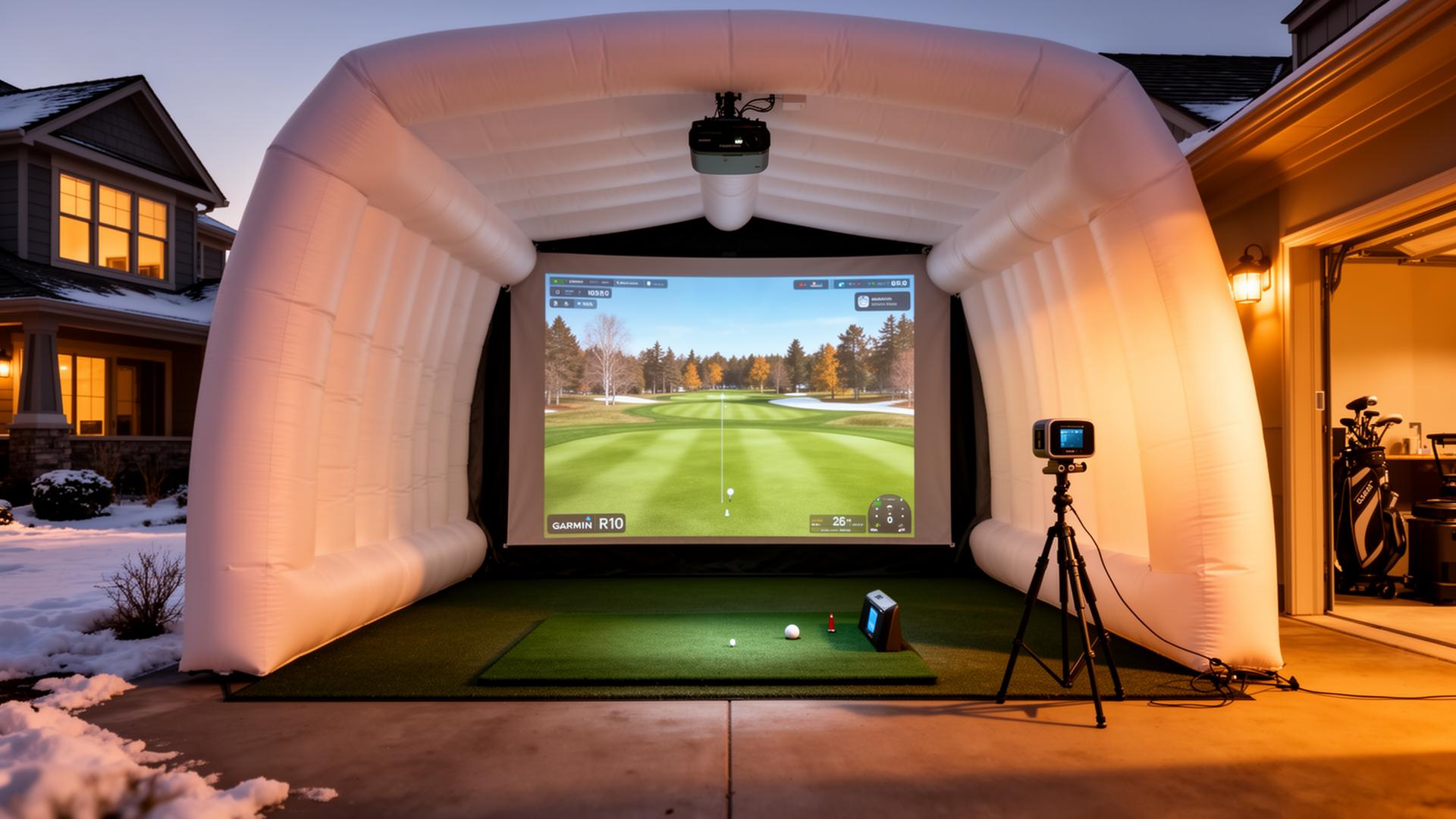 HomeDrop Golf inflatable golf simulator set up in a suburban garage at evening