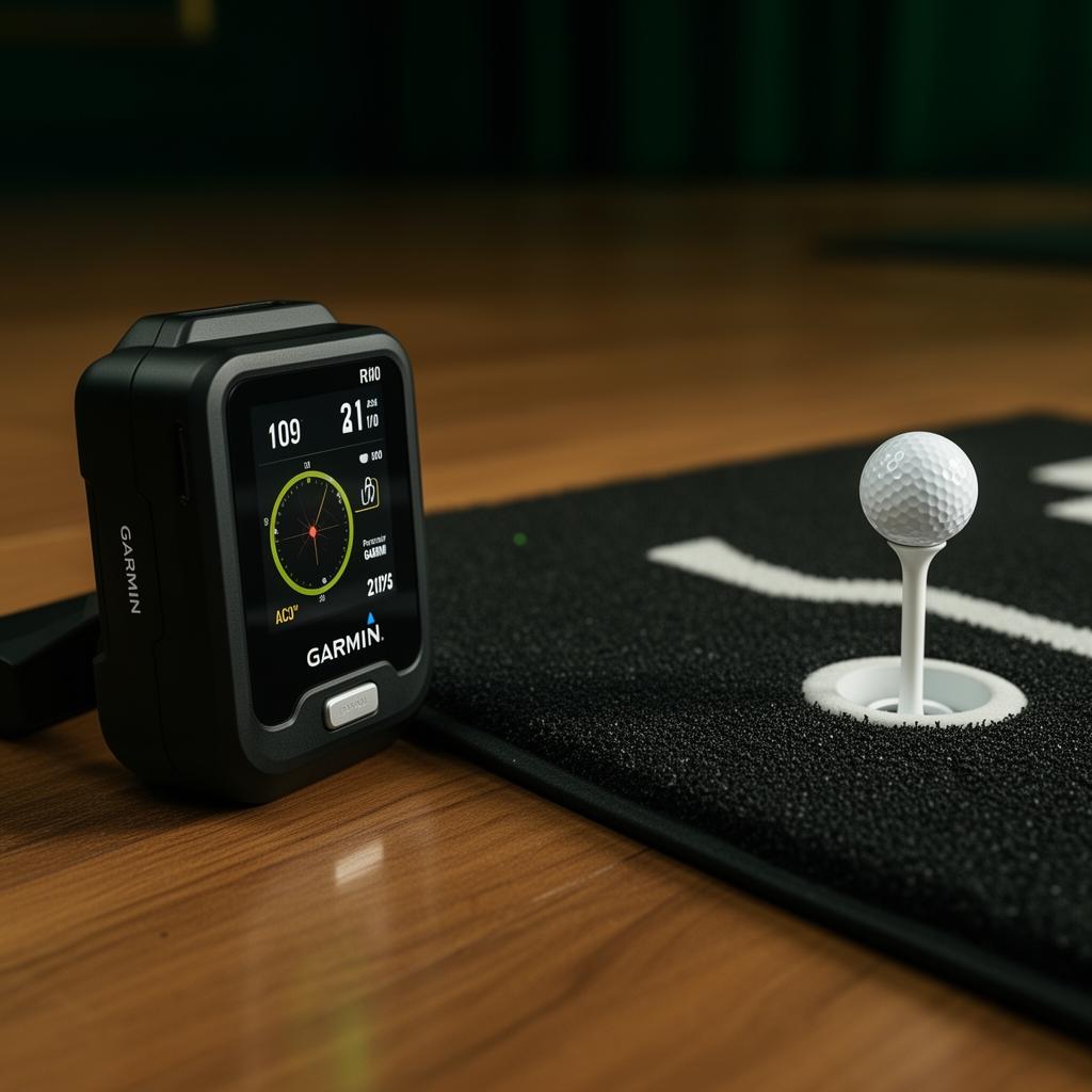 Garmin R10 launch monitor and premium hitting mat detail shot