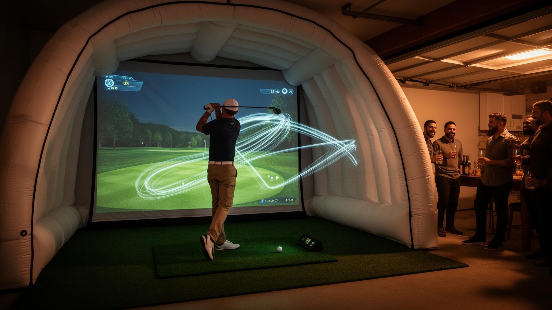 Golfer mid-swing inside the HomeDrop Golf inflatable simulator at night